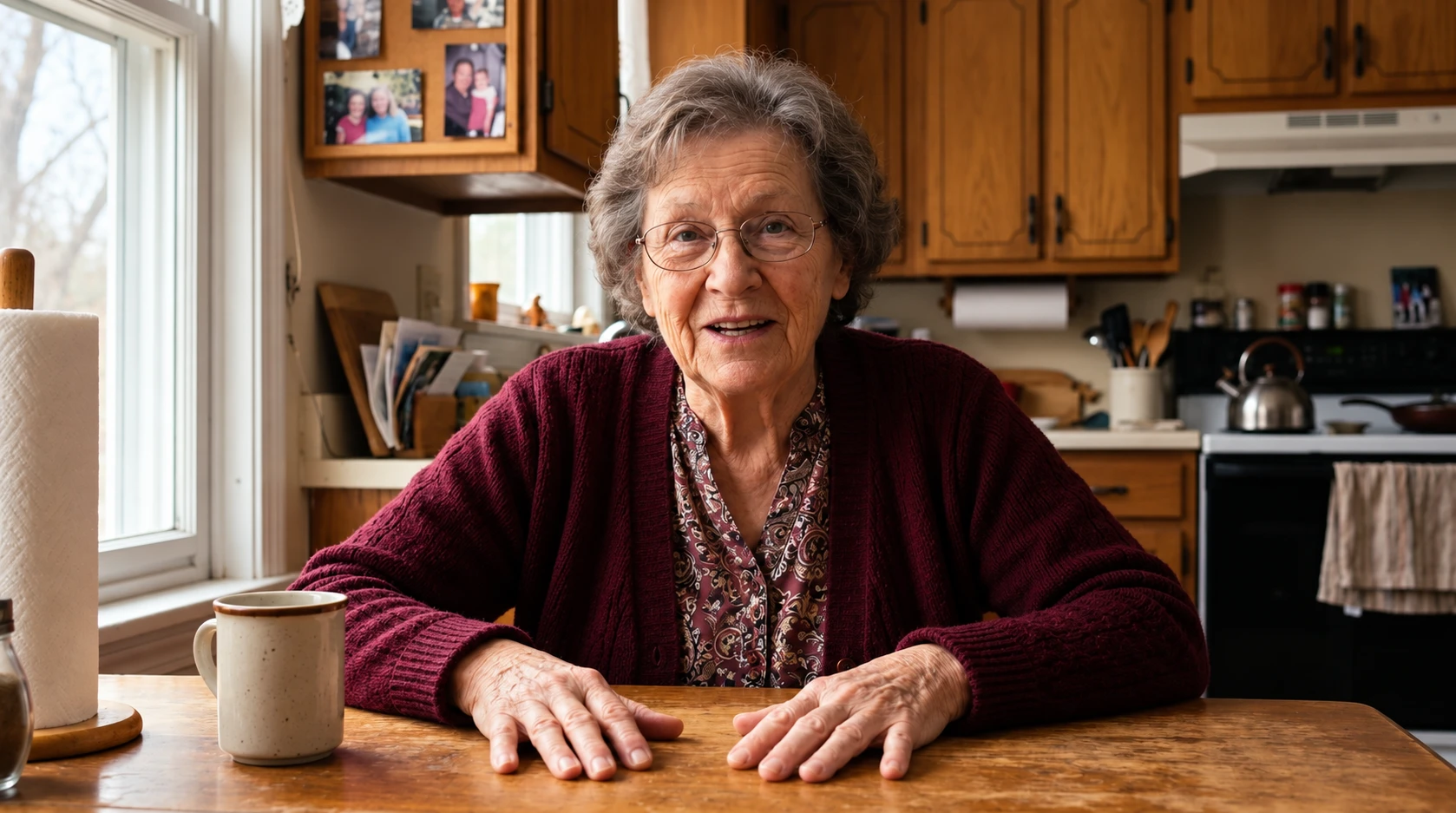 Natalie at her kitchen table